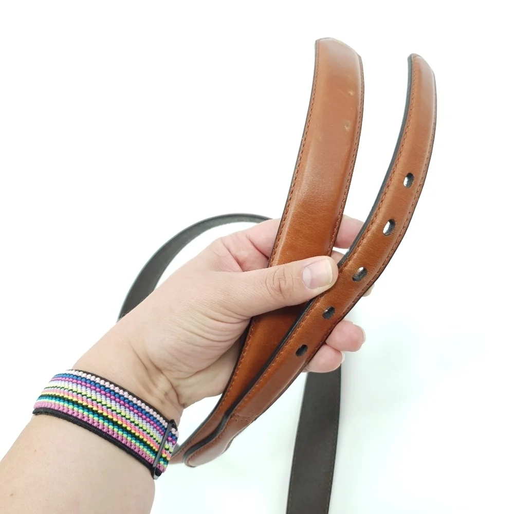 Cabela's Cognac Tan Leather Full Grain Cowhide Belt Gold Tone Buckle Size 42 - Picture 4 of 8